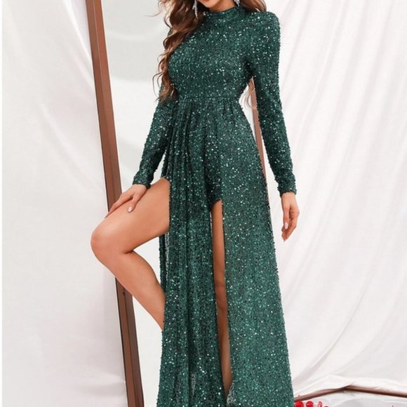 dark green sequin romper dress chic - Picture 6 of 6